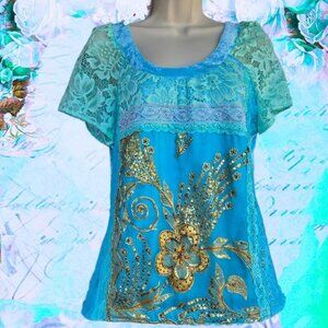 Blue Velvet and Vintage Gold Embroidered Top | Roselani Jasmin | Size Medium